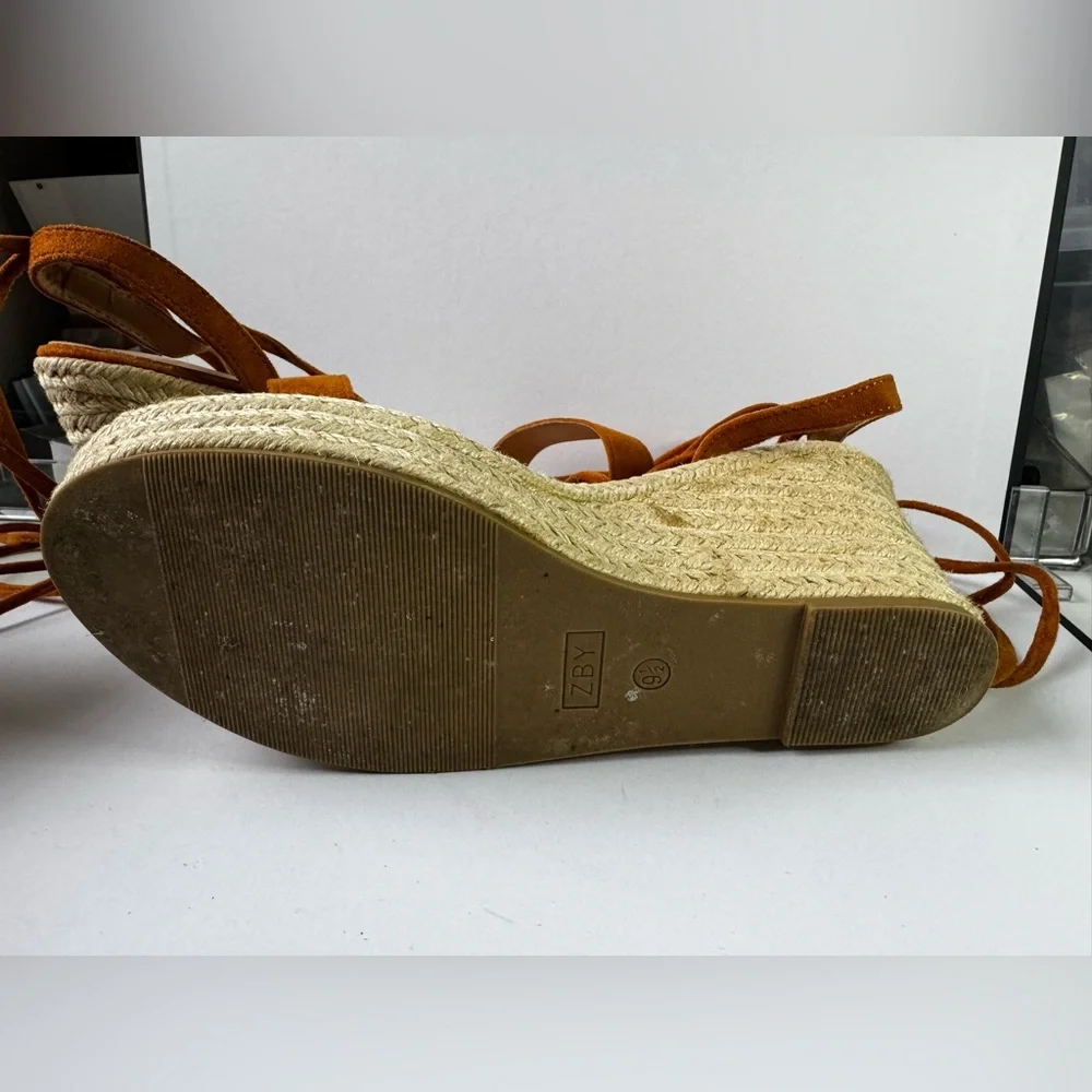 Espadrille Lace-Up Wedge Sandals Brown Suede Strappy Platform Size 9.5